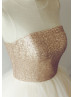 Sheer Neck Champagne Sequin Ruffled Tulle Long Prom Dress